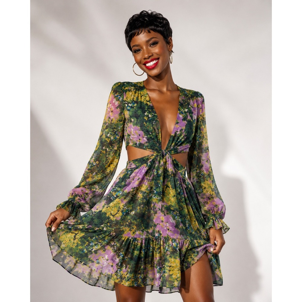 ASOS DESIGN Floral Cutout‎ Waist Tie Front Mini Dress Long Sleeve Sz 12 Vacation